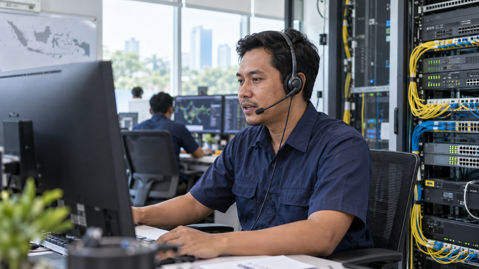 An Indonesian technical support engineer answering calls in an internet service network operations center