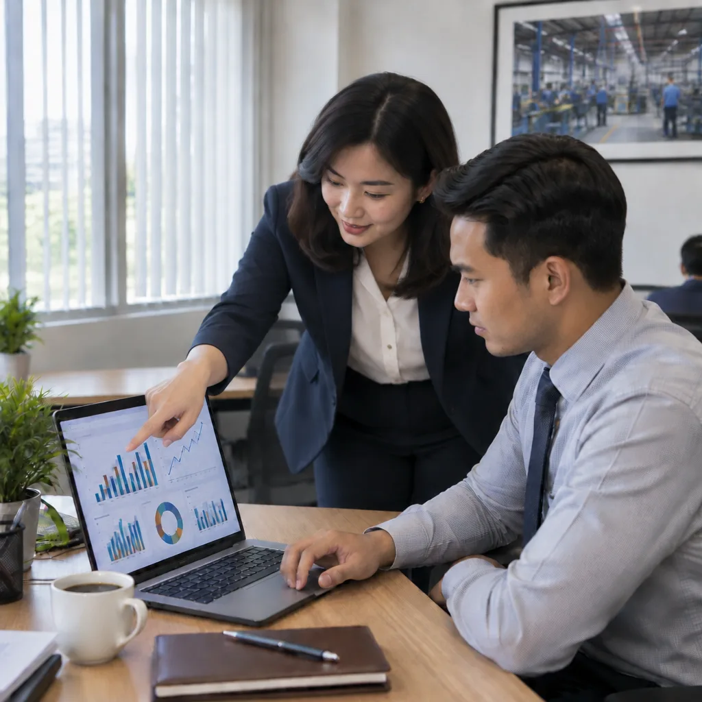 Two colleagues look at sales charts on a laptop together