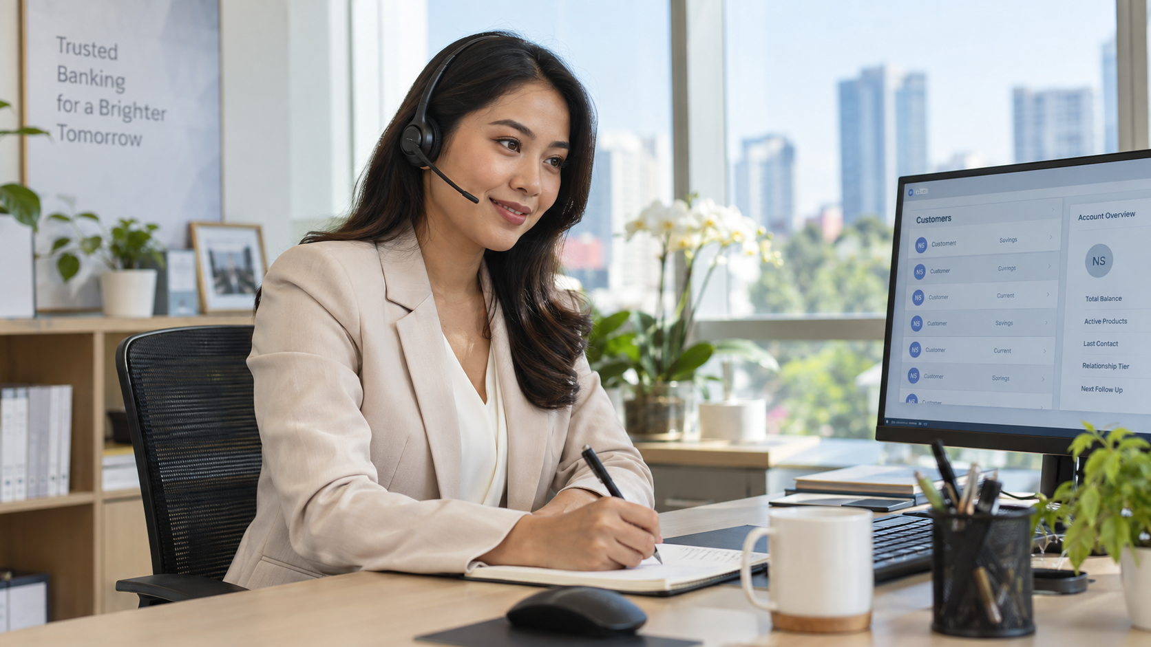 An Indonesian banking relationship officer making a customer follow-up call