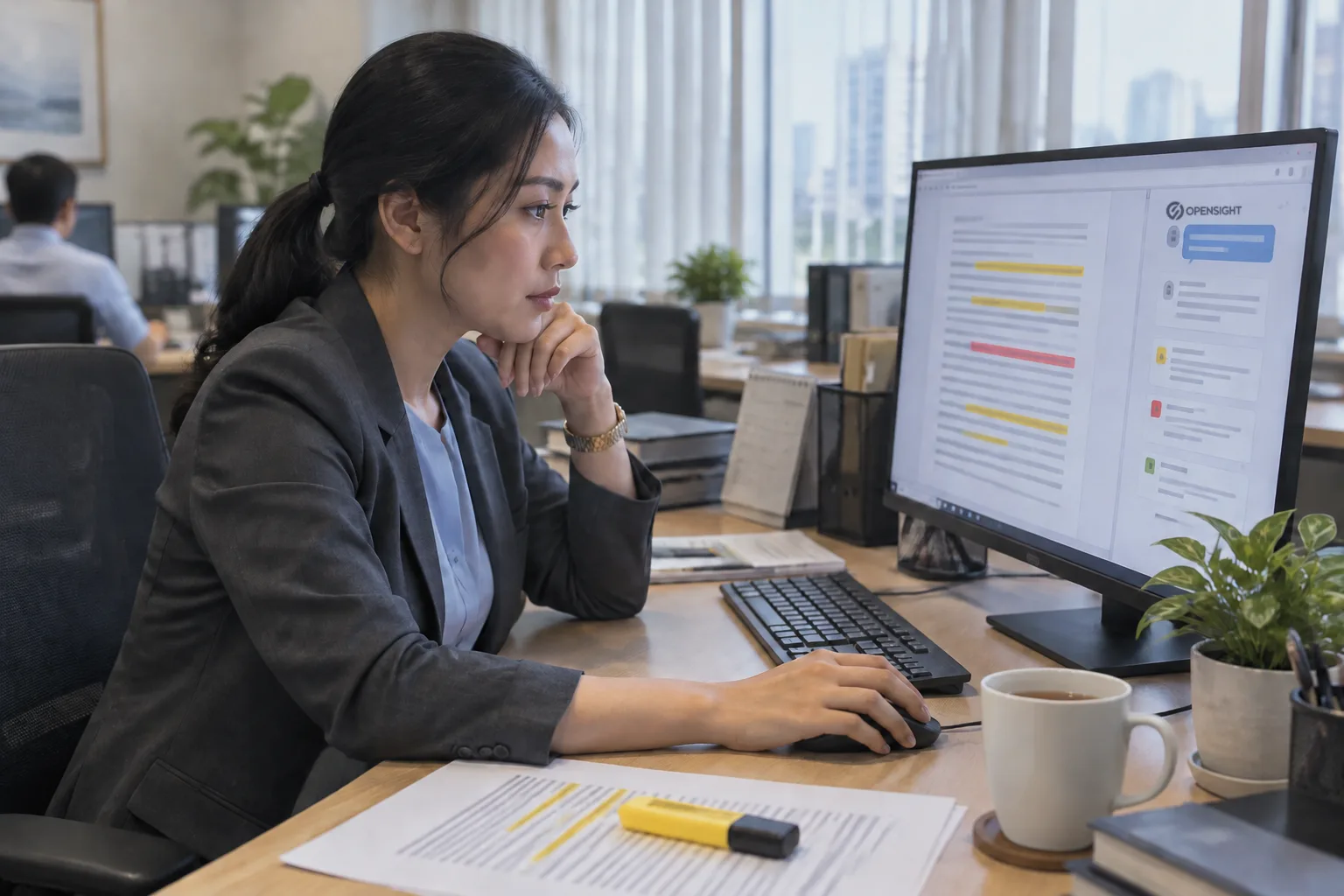 A legal officer studies a contract on screen, with flagged clauses and an AI assistant panel beside it; the printed copy and a highlighter lie on the desk